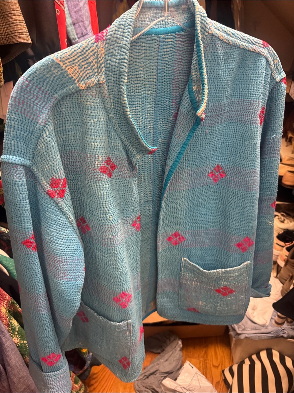 Women’s Light Blue Knit Cardigan with Pink Diamond Accents